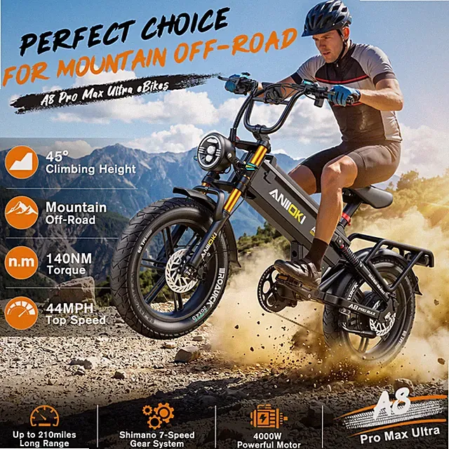 20"Aniioki Fat Tire Single Motor 4000W Electric Bike 60V 70AH 46MPH A8 Pro Max