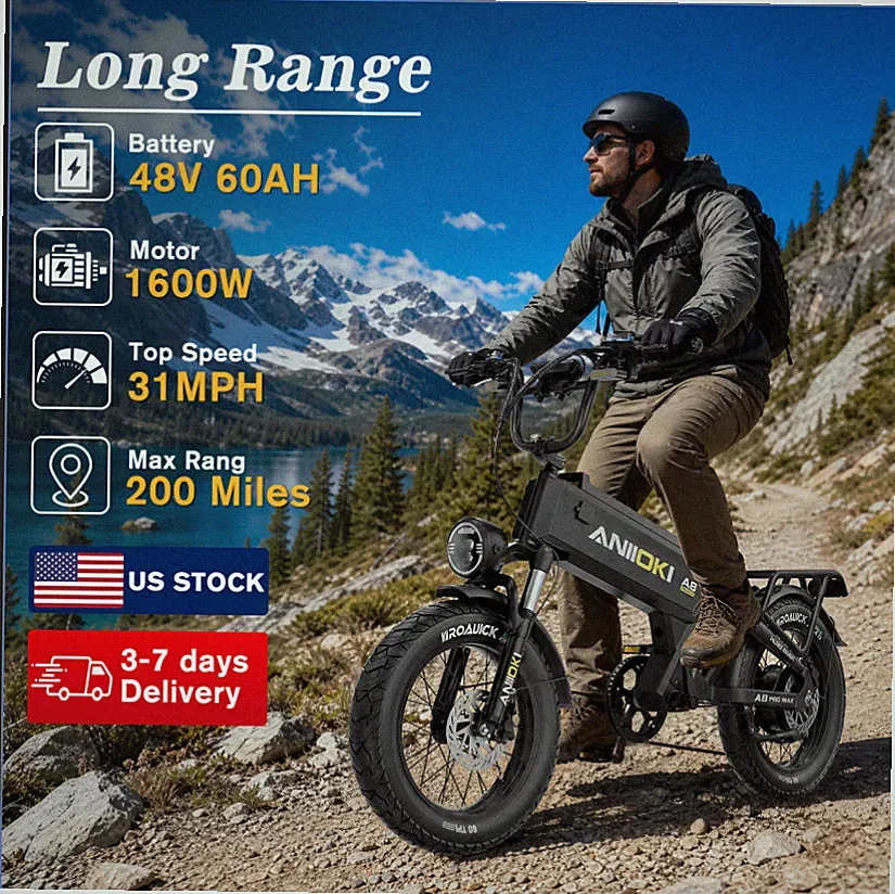20in Electric Bike Peak 1600W 31MPH ANIIOKI 48V 60Ah City Cruiser Ebike 200Miles