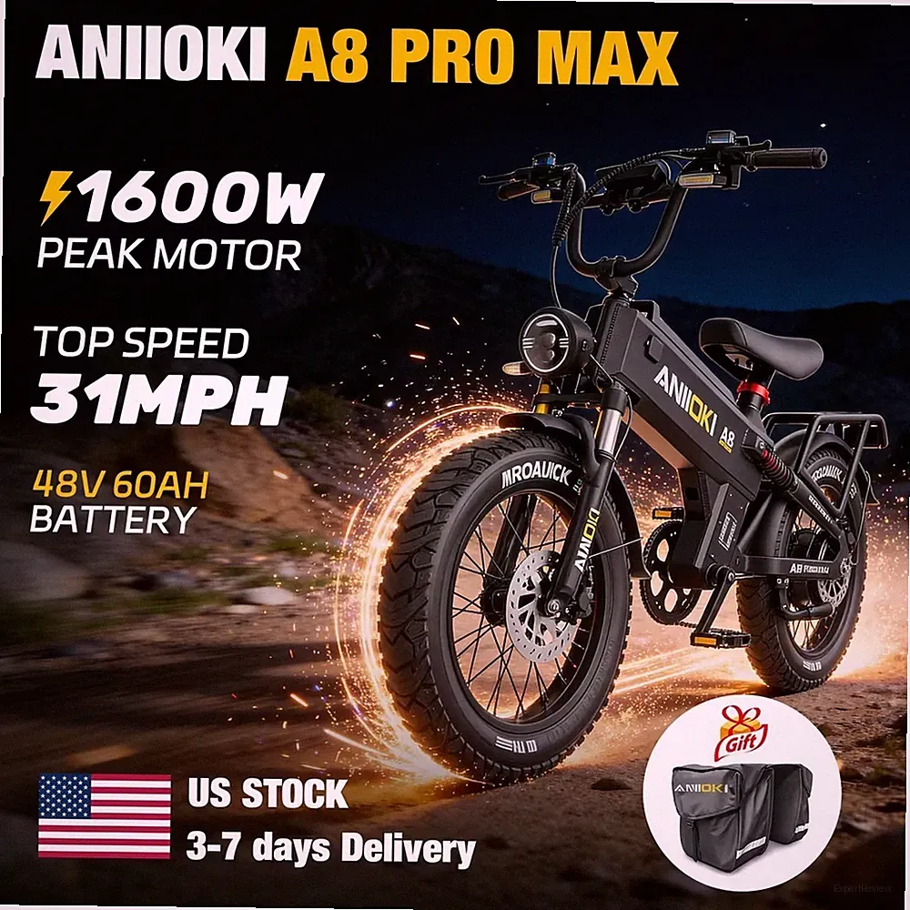 ANIIOKI 20'' 1600W Electric Bicycle 48V 60Ah 31mph Fat Tire Cruiser E-Bike A8 US