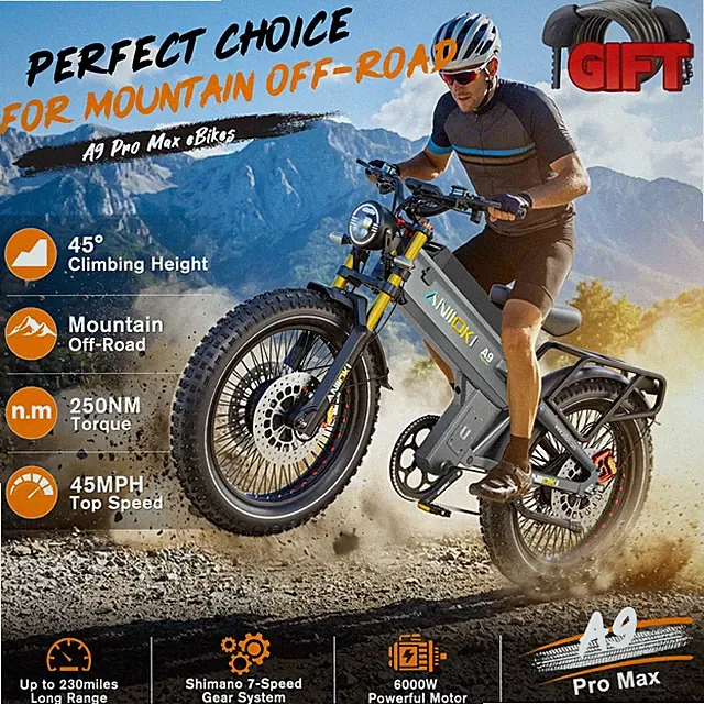ANIIOKI 26" AWD E-Bike Adults Peak 6000W Dual Motor 60V 80Ah Battery Max 45MPH