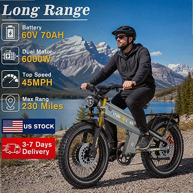 Aniioki 26" Fat Tire Dual Motor 6000W Electric Bike 60V 70AH 45MPH 230 miles