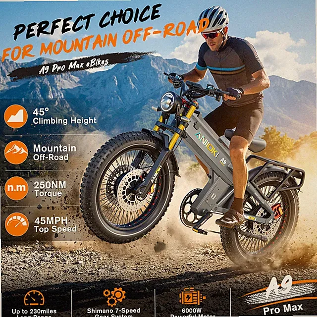 Aniioki A9 Pro Max 26" Fat Tire Dual Motor 6000W Electric Bike 60V 70AH 45MPH UL